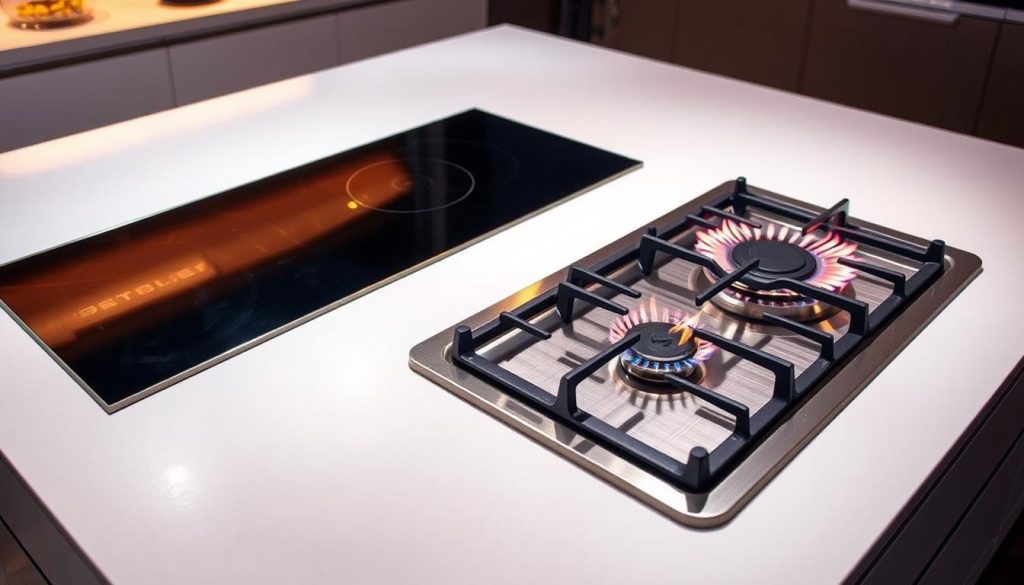 A sleek, modern kitchen counter showcases an induction cooktop and a traditional gas stovetop side by side, bathed in vibrant, dynamic lighting. The induction cooktop gleams with a smooth, reflective surface, hinting at its high-tech, responsive nature. The gas stovetop, in contrast, features classic metal grates and flames flickering with a warm, natural glow. The scene captures the juxtaposition of cutting-edge technology and time-honored tradition, inviting the viewer to ponder the merits of each cooktop style.