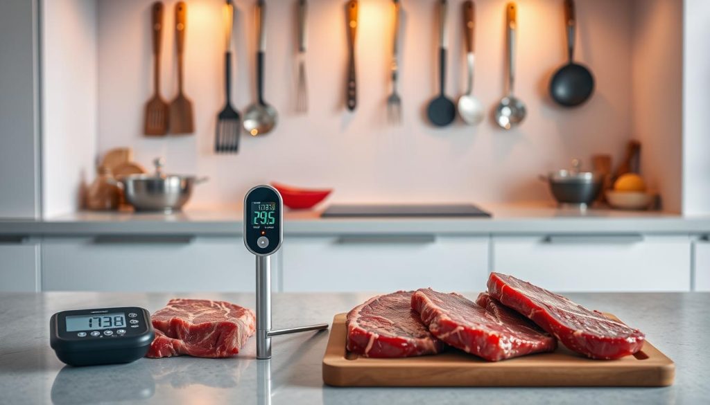 A sleek, modern kitchen counter with a neatly arranged set of meat cuts, a digital thermometer, and a stylish timer. Soft, warm lighting illuminates the scene, highlighting the rich textures and colors of the meat. In the background, a minimalist wall display showcases various cooking tools and utensils, creating a sense of culinary expertise. The composition emphasizes the importance of temperature monitoring and resting time for achieving the perfect texture and doneness in meat preparation. Vibrant, moving colors and a clean, streamlined aesthetic convey the precise and scientific nature of this crucial step in the cooking process.