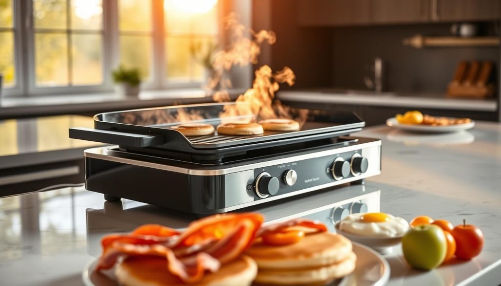 A sleek, modern kitchen counter with a state-of-the-art electric griddle prominently displayed. The griddle's gleaming chrome and black finish catches the warm, natural light filtering in from large windows, casting a soft glow across the scene. Steam rises from the griddle's surface, hinting at the delicious breakfast fare being prepared. In the foreground, various breakfast ingredients - fluffy pancake batter, crisp bacon, fresh fruit - are arranged in a visually appealing composition, their vibrant colors creating a sense of anticipation. The overall mood is one of comfort, efficiency, and the joy of a well-made morning meal.