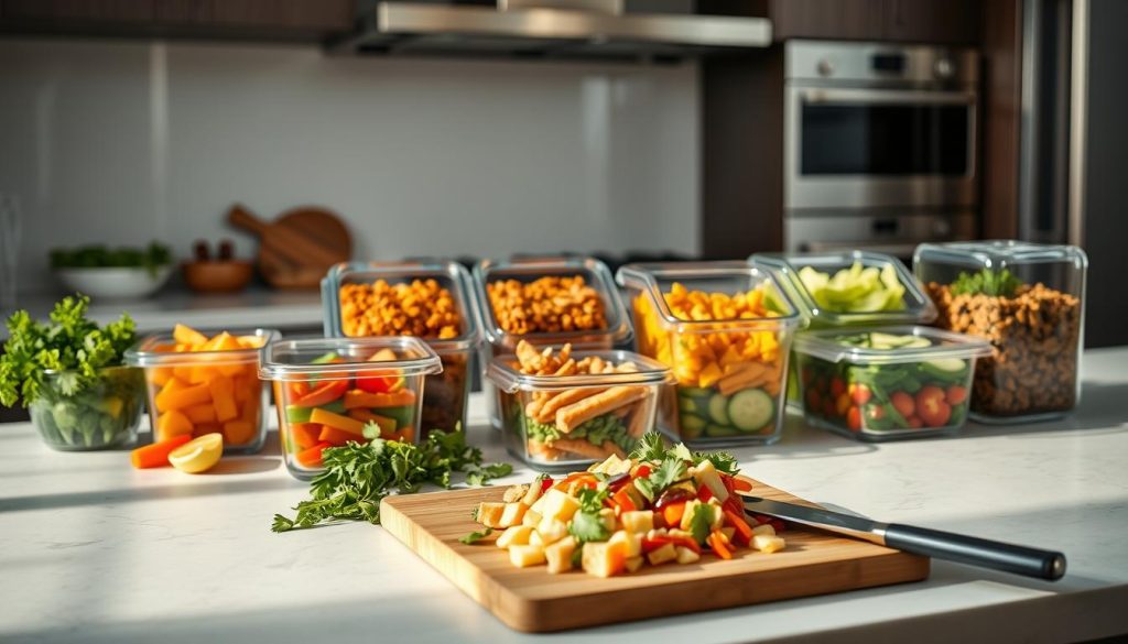 A sleek, modern kitchen counter with an array of freshly prepared meal components arranged in a visually appealing manner. In the foreground, a cutting board showcases chopped vegetables, herbs, and protein sources, hinting at the culinary possibilities. The middle ground features glass meal prep containers filled with vibrant, colorful dishes, their contents visible through the transparent lids. Subtle natural lighting from overhead casts a warm, inviting glow, accentuating the textures and flavors of the food. In the background, a minimalist backsplash and stainless steel appliances create a clean, professional atmosphere, evoking a sense of culinary expertise and the psychology of meal preparation.