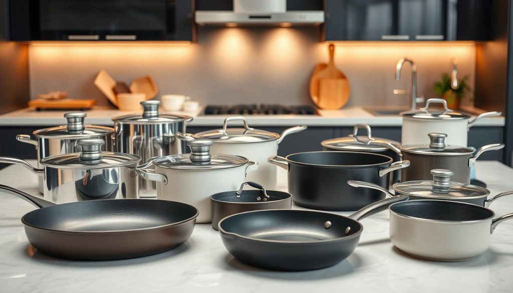 A sleek, modern kitchen countertop showcasing an assortment of cookware materials in a vibrant, dynamic display. In the foreground, a variety of pots and pans made from stainless steel, cast iron, ceramic, and nonstick surfaces are arranged in an eye-catching, yet organized layout. The middle ground features close-up views of the unique textures and finishes of each material, highlighting their distinct properties. In the background, a soft, diffused lighting creates a warm, inviting atmosphere, allowing the cookware to take center stage. The overall scene conveys a sense of comparison and evaluation, guiding the viewer to consider the advantages and disadvantages of different cookware materials.