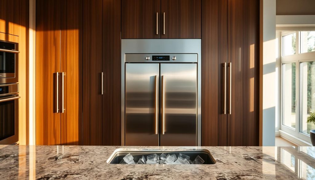 A sleek, modern kitchen with a beautifully crafted built-in ice maker at the center. The ice maker is made of stainless steel, with a minimalist design and a brushed metal finish that complements the surrounding cabinetry and appliances. The ice maker is set into a granite countertop, with a recessed panel that neatly integrates it into the kitchen's overall aesthetic. The room is bathed in warm, natural light, creating a vibrant, inviting atmosphere. The ice maker is the focal point, surrounded by a harmonious blend of textures and materials that create a high-end, professional-grade kitchen setting.