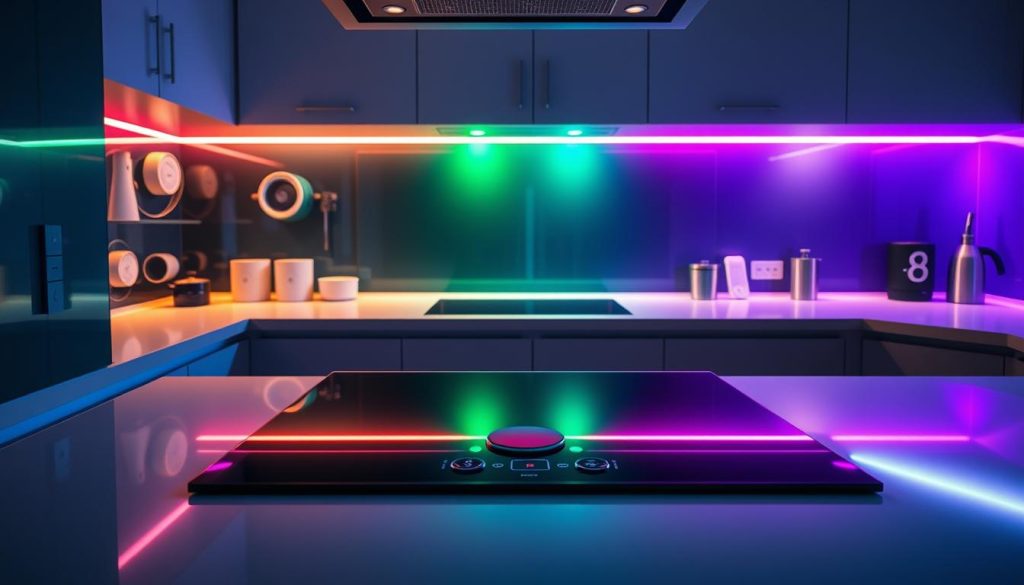 A sleek, modern kitchen with a seamless integration of smart home technology. The cooktop is the centerpiece, with a stylish glass surface and intuitive touch controls. Surrounding it, a variety of smart home devices are subtly integrated, including voice-controlled lighting, temperature sensors, and wireless connectivity. The scene is bathed in a vibrant, dynamic glow, with hues of blue, green, and purple pulsing and shifting, creating a futuristic and immersive atmosphere. The camera angle is slightly elevated, providing a comprehensive view of the harmonious fusion of cutting-edge culinary and smart home capabilities.