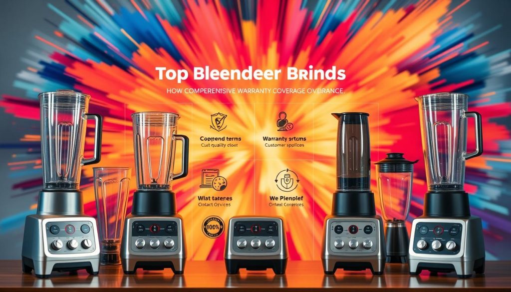 A sleek, modern product display showcases the top blender brands and their comprehensive warranty coverage. In the foreground, high-quality blenders from leading manufacturers are arranged in a visually striking layout, their metallic finishes and clean lines reflecting the vibrant, exploding colors of the background. Warm lighting casts a soft glow, highlighting the attention to detail and premium craftsmanship. In the middle ground, informative infographics and iconography clearly communicate the warranty terms and customer support options for each brand, conveying a sense of reliability and assurance. The background features a dynamic, abstract pattern of energetic hues, creating a vibrant and captivating overall composition.