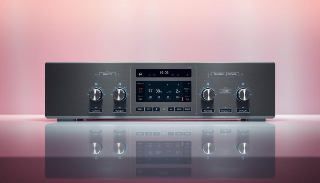 A sleek, modern smart cooktop control panel against a vibrant background. The panel features an array of intuitive touch buttons, knobs, and digital displays in brushed metal and glass, conveying a sense of high-tech sophistication. Soft, adjustable task lighting illuminates the interface, and subtle animations indicate active functions. The panel is set in a minimalist, well-lit kitchen scene, with a subtle reflection on the glossy countertop surface. The overall atmosphere evokes a harmonious blend of cutting-edge technology and elegant design.