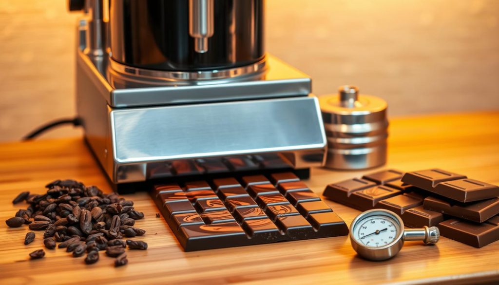 A sleek, stainless steel chocolate tempering machine sits on a polished wooden counter, surrounded by a carefully arranged assortment of chocolate bars, cocoa nibs, and a delicate thermometer. Warm, golden lighting casts a soft glow, highlighting the glossy sheen of the tempered chocolate and the vibrant, swirling hues of the tempering process. The scene exudes a sense of precision, control, and the passion for the craft of chocolate making.