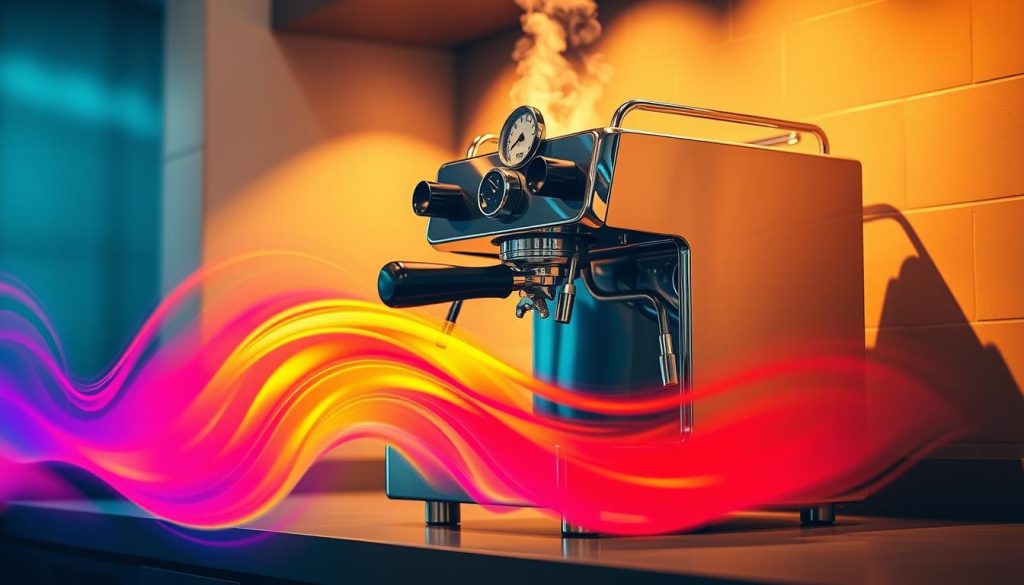 A sleek, stainless steel espresso machine sits on a polished countertop, steam billowing from the portafilter as the barista carefully monitors the temperature gauge. The machine's chrome exterior gleams under warm, directional lighting, casting dramatic shadows that accentuate its precise, industrial design. In the foreground, vibrant, swirling colors represent the dynamic temperature fluctuations crucial to the espresso extraction process, while the background blurs into a soft, atmospheric gradient, drawing the viewer's focus to the central subject. This image captures the delicate balance of art and science inherent in mastering temperature control for exceptional espresso brewing.