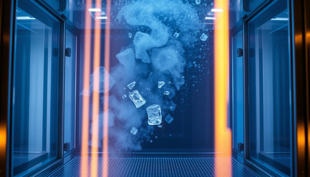 A sleek, stainless steel freeze-drying machine, its transparent chamber revealing the process in action. Crystalline ice crystals delicately form and fade, suspended in an ethereal blue-violet glow. Precise temperature and pressure controls create a mesmerizing dance of vapor and solid, as the water is slowly extracted from the samples within. Rays of warm, amber light filter through the chamber, casting dramatic shadows and highlights that accentuate the machine's industrial design. The overall scene evokes a sense of scientific wonder and the magic of transforming ordinary ingredients into long-lasting, space-ready foods. A sleek, stainless steel freeze-drying machine, its transparent chamber revealing the process in action. Crystalline ice crystals delicately form and fade, suspended in an ethereal blue-violet glow. Precise temperature and pressure controls create a mesmerizing dance of vapor and solid, as the water is slowly extracted from the samples within. Rays of warm, amber light filter through the chamber, casting dramatic shadows and highlights that accentuate the machine's industrial design. The overall scene evokes a sense of scientific wonder and the magic of transforming ordinary ingredients into long-lasting, space-ready foods.