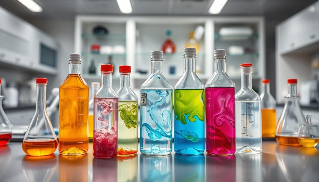 A sleek, well-lit laboratory countertop showcases an assortment of transparent bottles and beakers filled with various clear, colorful liquids. The foreground features prominently the key active ingredients used in food-safe sanitizers, their vibrant hues and swirling movements captivating the viewer. In the middle ground, scientific instruments and equipment lend an air of professionalism and authority, while the background subtly suggests a sterile, controlled environment suitable for food preparation. Careful lighting from multiple angles accentuates the dynamic, almost mesmerizing quality of the liquids, creating a sense of scientific precision and safety.