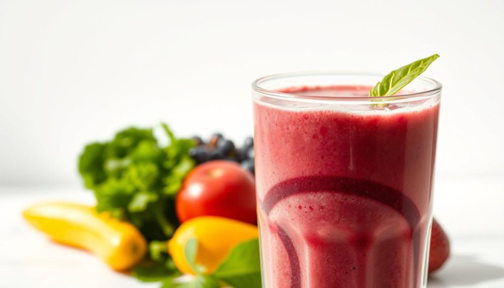 A smoothie-filled glass set against a crisp white background, capturing the vibrant, swirling texture of the blended ingredients. The foreground showcases the lush, velvety consistency, with shimmering highlights and subtle shadows that accentuate the smooth, creamy mouthfeel. The middle ground features a variety of fresh fruits and leafy greens, their vibrant colors and organic forms hinting at the wholesome, nutrient-dense nature of the smoothie. Soft, directional lighting casts a warm, inviting glow, creating a sense of depth and dimension. The overall mood is one of fresh, natural vitality, enticing the viewer to dive into the perfect smoothie texture.