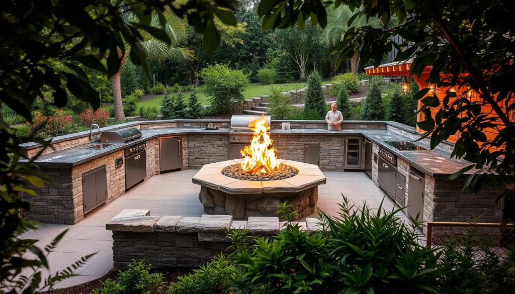 A sprawling outdoor kitchen nestled in a lush landscape, anchored by a rustic stone fire pit. Vibrant flames dance and flicker, casting warm, golden light across the scene. Sleek, contemporary countertops and stainless steel appliances contrast with the natural stone and wood elements. Verdant foliage frames the composition, creating a seamless transition between the culinary workspace and the surrounding greenery. Soft ambient lighting illuminates the area, setting a cozy, inviting atmosphere. The camera captures this harmonious fusion of functionality and natural beauty, showcasing how a fire pit can be seamlessly integrated into an outdoor kitchen design.