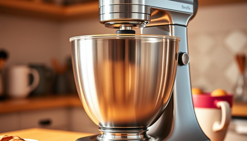 A stainless steel Breville Precision Cooker Stand Mixer, its sleek silhouette illuminated by warm, directional lighting. The mixer's brushed metal exterior gleams, complemented by the rich, vibrant hues of its control panel and attachments. The large, durable glass bowl sits atop the sturdy base, ready to handle a variety of mixing tasks. Precisely engineered dials and buttons allow for granular control over speed and other settings, while the mixer's powerful motor churns through thick batters with ease. In the background, a soft, blurred kitchen scene suggests the Breville's versatility in a home baking environment.