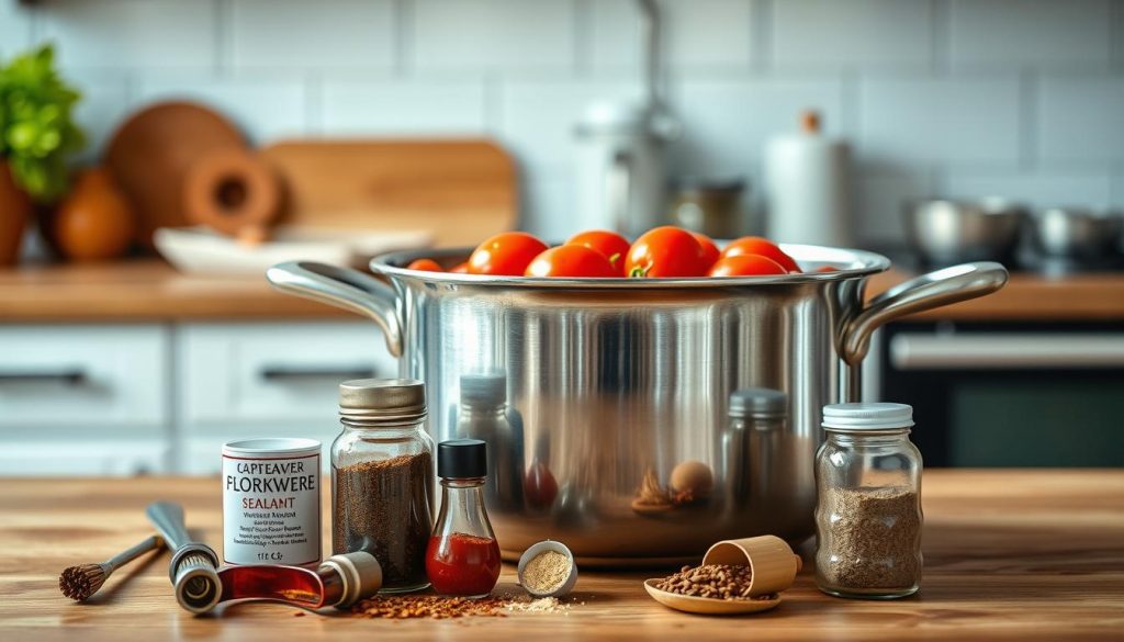 A stainless steel cooking pot filled with a vibrant tomato sauce, placed on a wooden kitchen counter. The pot's surface is shimmering, reflecting the warm, indirect lighting from overhead. In the foreground, an assortment of kitchen utensils and spices, including a jar of anti-corrosion sealant, suggest ways to prevent the metal from reacting with the acidic sauce. The background features a clean, tidy kitchen, with a bright, airy atmosphere, conveying a sense of culinary control and prevention of cookware corrosion.