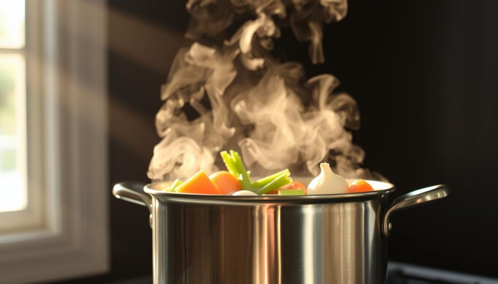 A stainless steel pot simmers over a medium flame, releasing a plume of aromatic steam. Inside, a medley of fresh vegetables - carrots, celery, onions, and tomatoes - gently bubble and mingle, their vibrant hues exploding against the dark backdrop. Sunlight filters through a nearby window, casting a warm, golden glow that dances across the surface of the simmering broth. The scene evokes a sense of homey, comforting nourishment, inviting the viewer to imagine the depth of flavor developing in the pot. A stainless steel pot simmers over a medium flame, releasing a plume of aromatic steam. Inside, a medley of fresh vegetables - carrots, celery, onions, and tomatoes - gently bubble and mingle, their vibrant hues exploding against the dark backdrop. Sunlight filters through a nearby window, casting a warm, golden glow that dances across the surface of the simmering broth. The scene evokes a sense of homey, comforting nourishment, inviting the viewer to imagine the depth of flavor developing in the pot.