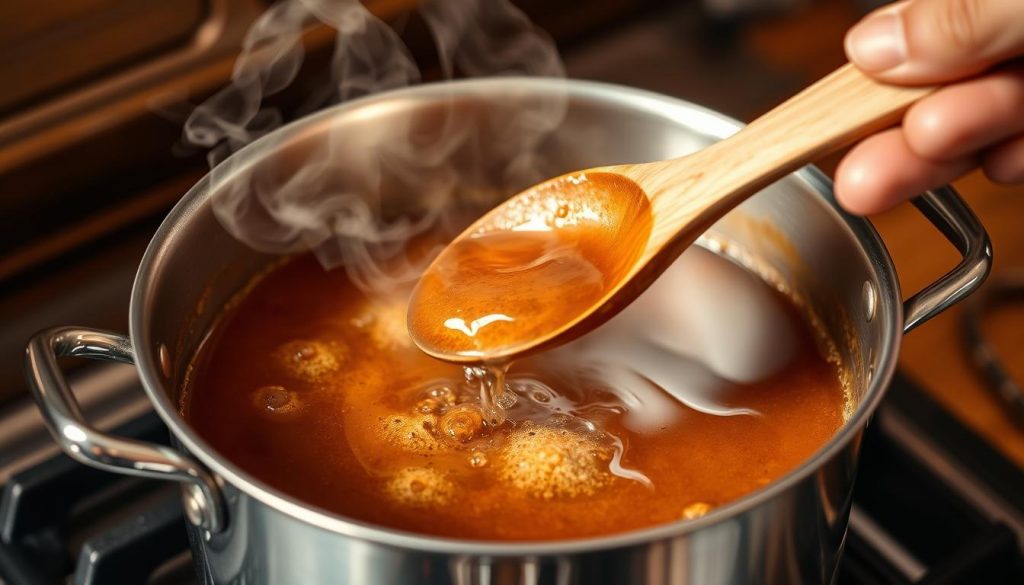 A stainless steel saucepan sits atop a gas stove, steam billowing from the surface of a simmering brown liquid. Droplets of golden-brown fond cling to the pan's sides, waiting to be dissolved in a splash of aromatic white wine. A chef's hand holds a wooden spoon, gently scraping the pan to coax out the caramelized flavors, creating a rich, flavorful base for a hearty homemade soup. Warm, vibrant hues of amber, ochre, and sienna fill the frame, capturing the essence of the deglazing process and its crucial role in building a robust, deeply flavored soup stock.