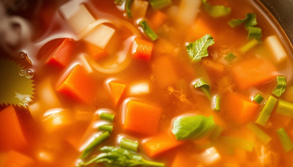 A steaming pot of homemade vegetable broth, its vibrant hues of red, orange, and green swirling together in a captivating dance. Floating within are an array of freshly chopped vegetables - juicy tomatoes, fragrant onions, earthy carrots, and tender leafy greens. The broth's surface glistens with a light sheen, reflecting the warm, ambient lighting that casts a cozy, inviting glow over the scene. Wisps of steam rise from the pot, hinting at the rich, savory aroma that fills the air. The overall composition evokes a sense of hearty, homemade nourishment, perfect for crafting a flavorful vegetable soup base from scratch. A steaming pot of homemade vegetable broth, its vibrant hues of red, orange, and green swirling together in a captivating dance. Floating within are an array of freshly chopped vegetables - juicy tomatoes, fragrant onions, earthy carrots, and tender leafy greens. The broth's surface glistens with a light sheen, reflecting the warm, ambient lighting that casts a cozy, inviting glow over the scene. Wisps of steam rise from the pot, hinting at the rich, savory aroma that fills the air. The overall composition evokes a sense of hearty, homemade nourishment, perfect for crafting a flavorful vegetable soup base from scratch.