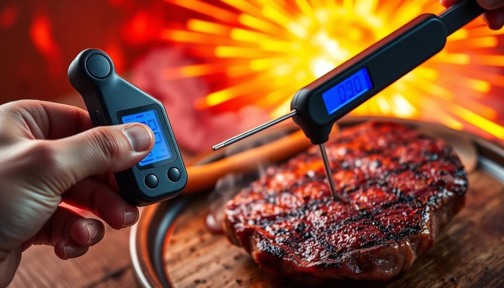 A step-by-step guide to using a digital food thermometer, captured in a vibrant, exploding color palette. In the foreground, a hand grasps the thermometer's sleek, modern design, its LCD display illuminated. The middle ground features the thermometer being inserted into a juicy steak, with steam and sizzling effects. The background bursts with a kaleidoscope of warm hues, suggesting the delicious aroma and satisfying experience of perfectly cooked meat. Captured at a high angle with a wide-angle lens, the image conveys a sense of professional expertise and attention to detail. A step-by-step guide to using a digital food thermometer, captured in a vibrant, exploding color palette. In the foreground, a hand grasps the thermometer's sleek, modern design, its LCD display illuminated. The middle ground features the thermometer being inserted into a juicy steak, with steam and sizzling effects. The background bursts with a kaleidoscope of warm hues, suggesting the delicious aroma and satisfying experience of perfectly cooked meat. Captured at a high angle with a wide-angle lens, the image conveys a sense of professional expertise and attention to detail.