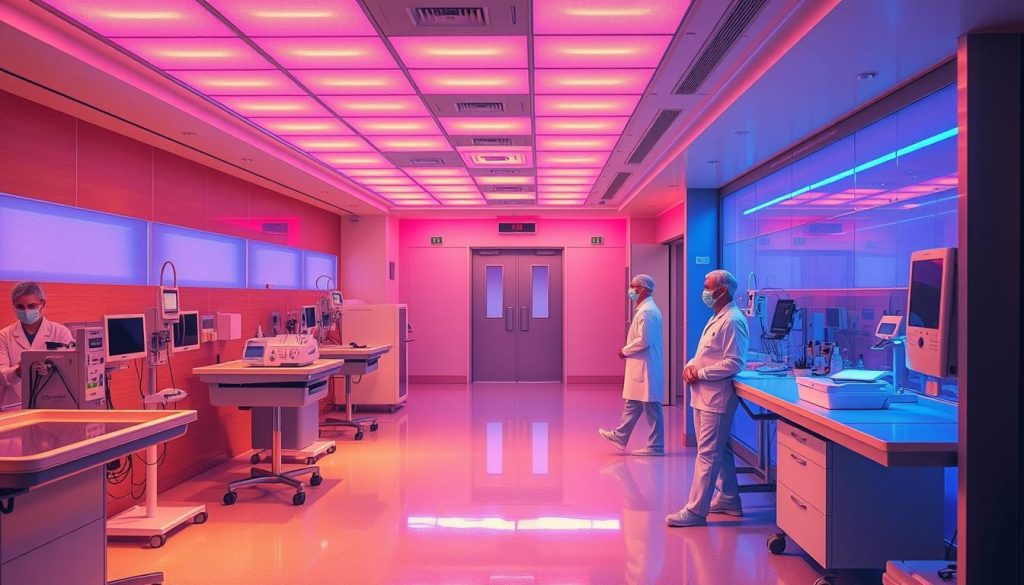 A sterile hospital room, bathed in the warm glow of UV-C lighting. Sleek medical devices and equipment line the surfaces, their metallic frames reflecting the intense purplish-blue rays. Doctors and nurses, clad in crisp white uniforms, move with purpose, overseeing the thorough disinfection of every corner. The air is thick with the scent of ozone, and the room pulses with a sense of scientific precision and clinical efficiency. Vibrant moving colors dance across the walls, creating a mesmerizing pattern that underscores the vital role of UV-C technology in healthcare's ongoing battle against pathogens.