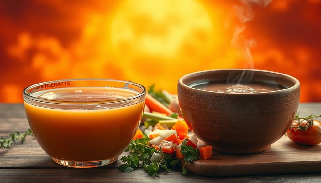 A still life scene depicting two distinct soup bases - one vegetarian, one meat-based. In the foreground, a large glass bowl filled with a rich, creamy vegetable broth, its surface glistening with droplets. Beside it, a heavy ceramic bowl brimming with a deep, savory bone broth, wisps of steam rising from the surface. In the middle ground, an array of vibrant, freshly chopped vegetables - carrots, celery, onions, and herbs - scattered across a wooden cutting board, hinting at the ingredients that create the unique flavors. The background is a burst of warm, exploding colors - a fiery orange sunset casting a soft, golden glow over the scene. The lighting is soft and diffused, highlighting the textures and tones of the ingredients. The camera angle is slightly elevated, allowing the viewer to take in the full composition and appreciate the contrast between the two soup bases.