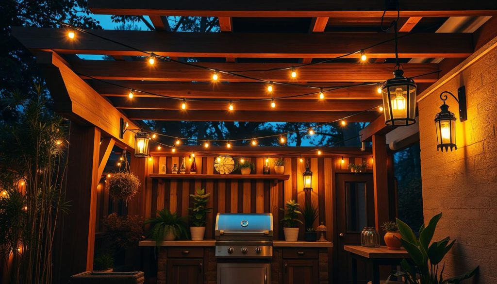 A stylish and inviting outdoor cooking space with warm, ambient lighting. The scene features a cozy pergola structure adorned with hanging string lights that cast a soft, glowing illumination across the space. Strategically placed lanterns and wall-mounted fixtures provide additional layers of light, creating a harmonious and visually appealing atmosphere. The pergola's wooden beams and supports are complemented by lush greenery, potted plants, and natural materials that add depth and texture to the design. The overall mood is one of relaxation and sophistication, with vibrant, exploding colors that accentuate the warm, inviting ambiance.