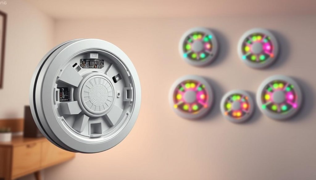 A stylized and technically accurate illustration of ionization photoelectric smoke alarms. In the foreground, a cutaway view showcases the internal components - ionization chamber, photoelectric sensor, and electronic circuitry. The middle ground features multiple smoke alarms mounted on a wall, their LED indicators pulsing with vibrant, animated colors. The background depicts a softly lit, minimalist domestic interior, emphasizing the alarms' seamless integration into the environment. Crisp, high-resolution rendering with precise attention to material details and lighting, capturing the essential safety science behind these vital home security devices.