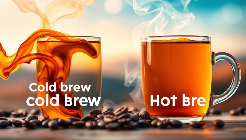 A stylized comparison of the flavor profiles of cold brew and hot brew coffee, captured in a vibrant, dynamic visual representation. The foreground showcases the distinct aromas and swirling, gradient-rich hues of each brew, while the middle ground features delicate coffee beans and aromatic steam. The background is a softly blurred, ethereal landscape, infused with a warm, golden light that enhances the sensory experience. The overall composition conveys the nuanced differences in acidity, body, and flavor notes between the two brewing methods, inviting the viewer to explore and appreciate the complexities of the coffee experience.