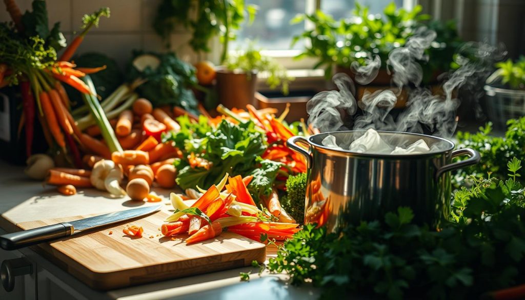 A sun-dappled kitchen counter, overflowing with an artful arrangement of vegetable scraps - carrot tops, onion skins, kale stems, and more. Glowing vibrantly in a kaleidoscope of greens, oranges, and reds, the scraps seem to emit an energy of their own, as if ready to be transformed into something new. In the foreground, a wooden cutting board holds a sharp chef's knife, hinting at the culinary potential. The middle ground features a large, steaming stockpot, its contents simmering with the essence of these reclaimed ingredients. The background fades into a soft, blurred scene of a sustainable urban garden, lush with herbs and vegetables. The entire composition conveys a sense of resourcefulness, innovation, and a celebration of nature's bountiful offerings. A sun-dappled kitchen counter, overflowing with an artful arrangement of vegetable scraps - carrot tops, onion skins, kale stems, and more. Glowing vibrantly in a kaleidoscope of greens, oranges, and reds, the scraps seem to emit an energy of their own, as if ready to be transformed into something new. In the foreground, a wooden cutting board holds a sharp chef's knife, hinting at the culinary potential. The middle ground features a large, steaming stockpot, its contents simmering with the essence of these reclaimed ingredients. The background fades into a soft, blurred scene of a sustainable urban garden, lush with herbs and vegetables. The entire composition conveys a sense of resourcefulness, innovation, and a celebration of nature's bountiful offerings.