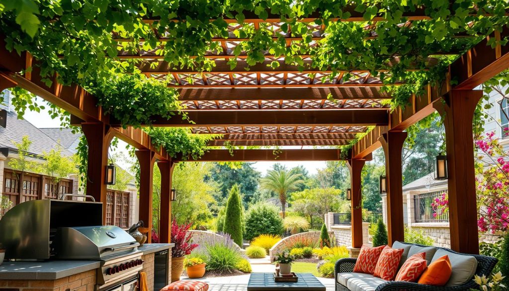 A sun-dappled outdoor kitchen pergola stands tall, its sturdy wooden beams and lush, verdant vines creating a haven of shade and style. The foreground features a well-equipped grill and prep area, inviting guests to gather and enjoy the warm summer air. In the middle ground, a cozy seating arrangement with plush cushions and vibrant accent pillows beckons, while the background showcases a meticulously landscaped garden, bursting with exploding colors and lush foliage. Soft, diffused lighting filters through the pergola's intricate lattice, casting a warm, inviting glow and setting the perfect mood for alfresco dining and entertaining. Captured through a wide-angle lens, the scene evokes a sense of openness and expansiveness, drawing the viewer into this idyllic outdoor oasis.