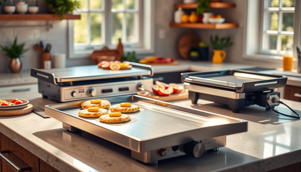 A sunlit kitchen counter showcases an array of top-of-the-line electric griddles. In the foreground, a sleek stainless steel griddle with a non-stick cooking surface glistens, ready to sizzle pancakes and eggs. In the middle ground, a larger griddle with temperature controls and indicator lights stands ready for breakfast buffets. In the background, a compact griddle with a built-in grease tray catches the eye, complemented by a vibrant array of fresh ingredients. The scene is bathed in warm, natural lighting, creating a welcoming and mouthwatering atmosphere for breakfast lovers.
