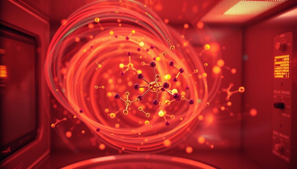 A swirling, multi-colored dance of molecular vibrations, captured in the intense electromagnetic field of a microwave. Zoomed in close, individual atoms and bonds twist and flex, their movements illuminated by a spectrum of brilliant hues. The scene is bathed in warm, diffuse lighting, with a shallow depth of field that isolates the molecular details. The overall impression is one of dynamic energy and invisible forces at work, as the microwaves interact with the very structure of the food.