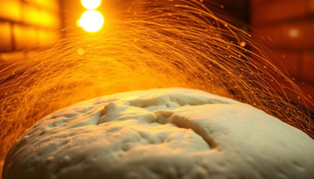A swirling, vibrant process of yeast-fueled fermentation. In the foreground, a close-up view of dough gently rising, its surface a tapestry of bubbles and ripples. The middle ground reveals the dough's expansion, captured in dynamic, colorful motion. In the background, a warm, golden-hued oven, its radiant glow casting a soft, inviting light. Shadows dance across the scene, accentuating the depth and dimensionality of the rising dough. The overall mood is one of energy, vitality, and the invisible, yet powerful, work of yeast transforming simple ingredients into the foundation of nourishing bread.