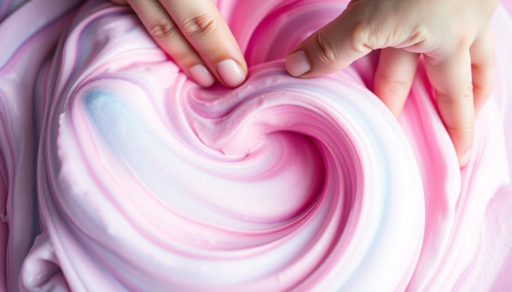 A swirling vortex of colorful marshmallow-based slime, captured in a dynamic close-up shot. Vibrant hues of pink, purple, and blue undulate and dance, mirroring the hands gently manipulating the malleable, gooey mixture. Soft, diffused lighting from an unseen source casts a dreamlike glow, highlighting the slime's delicate, viscous texture. The frame is tightly cropped, drawing the viewer's attention to the mesmerizing, tactile quality of the slime as it stretches, folds, and reforms. This image serves as a visual guide to the challenges and solutions of creating the perfect, edible marshmallow-based slime.