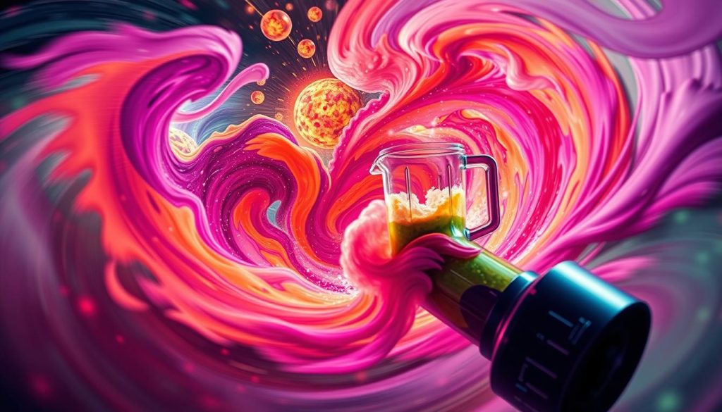 A swirling vortex of vivid colors and dynamic energy, a mesmerizing blend of science and art. In the foreground, a high-speed blender whirs to life, its blades a blur as they churn a vibrant smoothie mixture. Waves of intense hues - deep purples, fiery oranges, and electric greens - emanate from the blender, creating a captivating, almost hypnotic visual display. In the middle ground, glowing orbs and pulsing spheres dance amidst the swirling vortex, illustrating the complex interplay of forces at work. The background is a kaleidoscope of shimmering light and shadow, hinting at the intricate scientific principles that govern the creation of layered smoothies. Dramatic, high-contrast lighting casts dramatic shadows, heightening the sense of dynamic motion and energy.