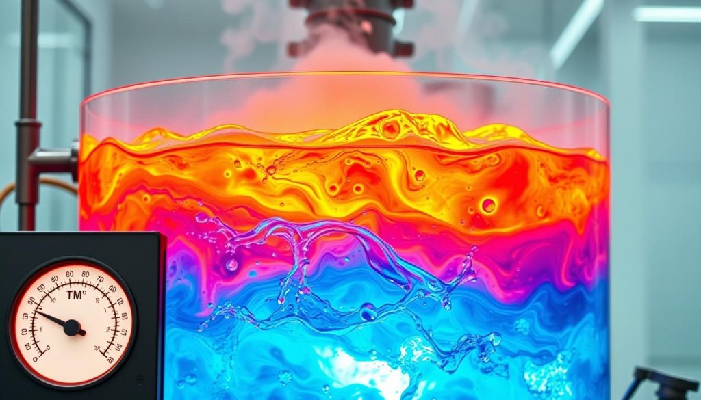 A thermal water disinfection system, with a clear glass vessel showcasing the process. The vessel is illuminated from within, casting a warm, vibrant glow that highlights the turbulent flow of the water. Steam rises, conveying the heat being applied. In the foreground, a temperature gauge and control panel demonstrate the precise monitoring and regulation of the process. The middle ground depicts the water being circulated, its motion creating a mesmerizing display of shifting hues, from deep blues to fiery oranges. The background suggests a clean, modern laboratory environment, emphasizing the scientific and clinical nature of the disinfection method.