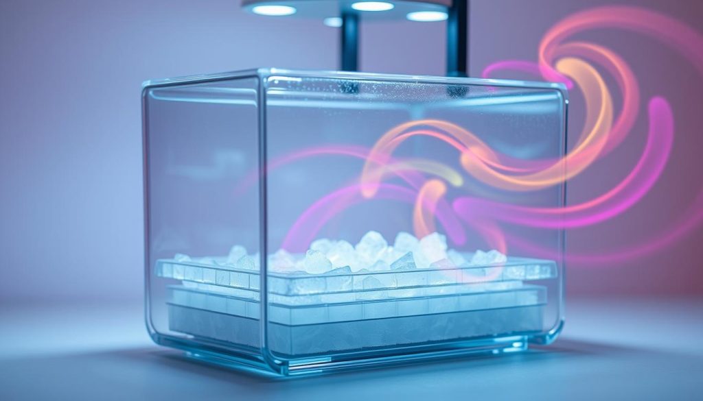 A transparent glass container filled with ice-crystalized trays, showcasing the intricate steps of the lyophilization process. Bright LED lights illuminate the scene, casting a crisp, clinical glow over the delicate frozen samples. The background fades into a soft, gradient hue, emphasizing the technical precision of the freeze-drying apparatus. Swirling, vibrant colors dance around the container, representing the dynamic transformation of matter from solid to vapor. The entire setup is captured from a slightly elevated angle, allowing the viewer to observe the process in detail. The image conveys the scientific elegance and wonder of this essential food preservation technique. A transparent glass container filled with ice-crystalized trays, showcasing the intricate steps of the lyophilization process. Bright LED lights illuminate the scene, casting a crisp, clinical glow over the delicate frozen samples. The background fades into a soft, gradient hue, emphasizing the technical precision of the freeze-drying apparatus. Swirling, vibrant colors dance around the container, representing the dynamic transformation of matter from solid to vapor. The entire setup is captured from a slightly elevated angle, allowing the viewer to observe the process in detail. The image conveys the scientific elegance and wonder of this essential food preservation technique.