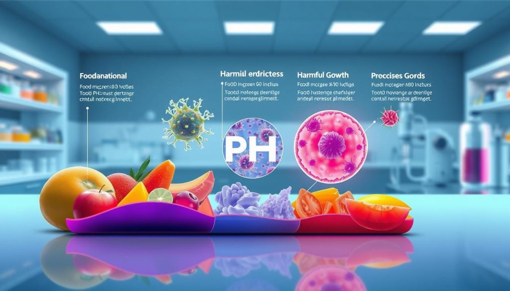A vibrant, animated diagram showcasing the critical role of pH in food safety. In the foreground, a cross-section of various food items, their pH levels represented by a spectrum of bold, shifting hues. The middle ground features detailed microscopic views of beneficial and harmful microbes, their growth and behavior directly influenced by the surrounding pH. In the background, a clean, minimalist laboratory setting with scientific equipment, conveying the importance of precise pH monitoring and control. Crisp lighting and a clean, modern aesthetic create a visually striking and informative representation of how pH levels impact microbial growth and ultimately, food safety.