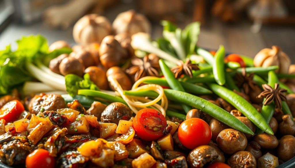 A vibrant arrangement of umami-rich vegetables, bathed in warm, golden lighting. In the foreground, a medley of sautéed mushrooms, caramelized onions, and roasted tomatoes burst with depth of flavor. The middle ground showcases simmering shiitake and enoki mushrooms, alongside a tangle of soy-marinated bok choy and crisp snow peas. In the background, a hazy silhouette of roasted garlic, ginger, and star anise suggests the rich, aromatic base of a simmering soup. Captured with a wide-angle lens, this scene exudes the comforting, umami-packed essence of a nourishing, vegetable-forward dish.