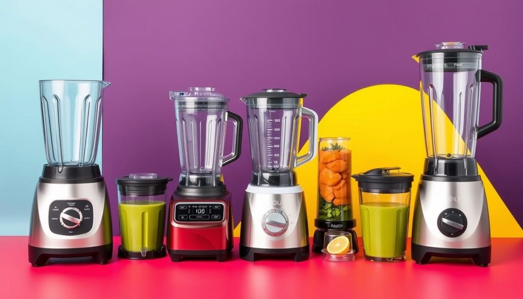 A vibrant array of budget-friendly blenders, their sleek designs and powerful motors on full display against a background of bold, contrasting colors. A variety of high-performance blenders, from compact personal models to large-capacity pitchers, arranged in an eye-catching composition that captures their key features - sturdy stainless steel blades, transparent tempered-glass pitchers, and intuitive control panels. Crisp, even lighting highlights the blenders' textures and materials, creating a dynamic, visually appealing scene that showcases the best budget-friendly options for smoothies, soups, and sauces.