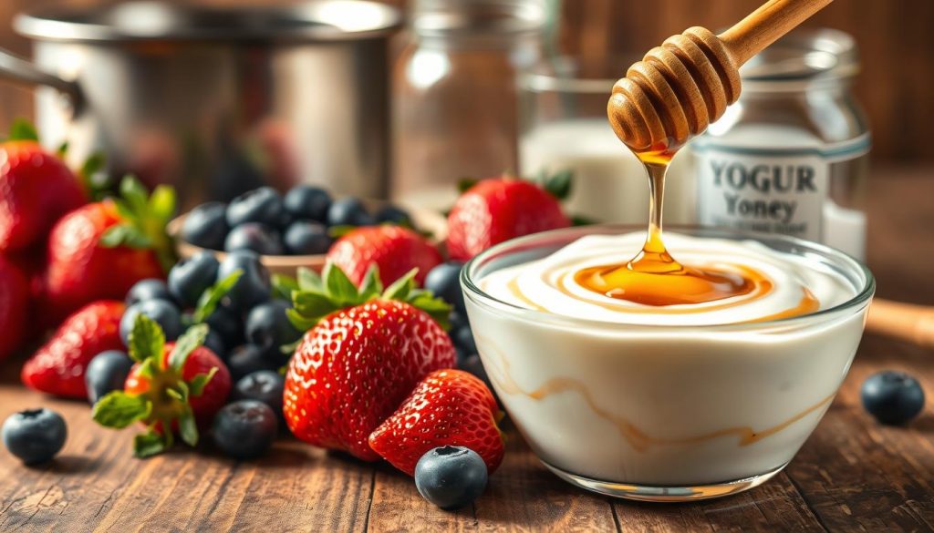 A vibrant, close-up shot of essential yogurt-making ingredients arranged on a rustic wooden table. In the foreground, a small glass bowl filled with freshly cultured yogurt, its creamy texture and swirling patterns captured in vivid detail. Surrounding it, an assortment of natural ingredients - lush, ripe strawberries, plump blueberries, and a sprinkle of raw honey drizzled from a wooden dipper. In the middle ground, a stainless steel pot, a glass measuring cup, and a jar of active yogurt cultures, hinting at the tools and techniques of the yogurt-making process. The background features a warm, earthy color palette, with the natural grain of the wood table creating a sense of depth and texture. Diffused, natural lighting casts a soft, inviting glow across the scene, emphasizing the vibrant colors and the artisanal quality of the homemade yogurt.