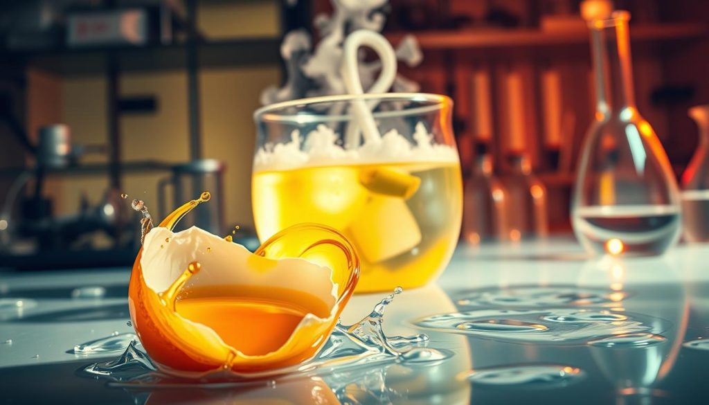 A vibrant, detailed illustration of the impact of temperature, time, and water on egg protein reactions. In the foreground, a cracked egg yolk swirls with vivid, reactive colors - oranges, yellows, and reds - as it interacts with the surrounding water. In the middle ground, a transparent glass container holds a boiling mixture, steam rising. The background depicts a laboratory setting, with scientific equipment and instruments casting dramatic shadows. Soft, warm lighting illuminates the scene, creating a sense of scientific discovery and experimentation. The image conveys the complex chemical processes at work, with a visually striking, dynamic interpretation.