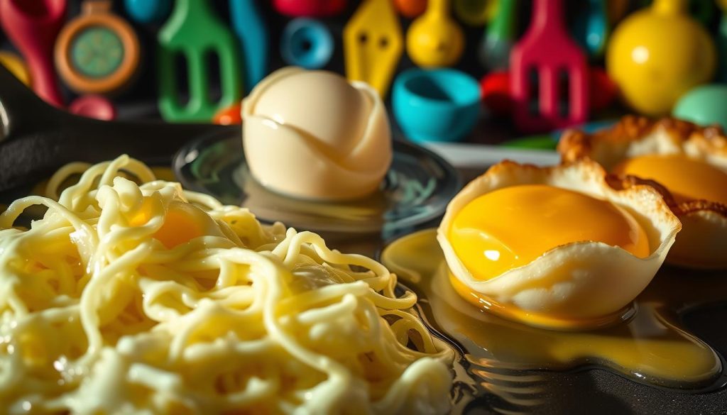 A vibrant, dynamic composition showcasing three distinct cooking methods for eggs - scrambling, frying, and poaching. In the foreground, delicate egg whites swirl and fold into golden yolks, sizzling in a cast-iron skillet. To the side, translucent poached eggs float atop gently rippling water, their soft, pillowy forms contrasting with the crisp, lacy edges of a fried egg in the middle ground. The background features a lively kaleidoscope of colorful kitchen tools and utensils, hinting at the versatility and possibilities of preparing this humble ingredient. Dramatic, high-contrast lighting casts dramatic shadows, emphasizing the textures and techniques of these classic cooking methods. A vibrant, dynamic composition showcasing three distinct cooking methods for eggs - scrambling, frying, and poaching. In the foreground, delicate egg whites swirl and fold into golden yolks, sizzling in a cast-iron skillet. To the side, translucent poached eggs float atop gently rippling water, their soft, pillowy forms contrasting with the crisp, lacy edges of a fried egg in the middle ground. The background features a lively kaleidoscope of colorful kitchen tools and utensils, hinting at the versatility and possibilities of preparing this humble ingredient. Dramatic, high-contrast lighting casts dramatic shadows, emphasizing the textures and techniques of these classic cooking methods.