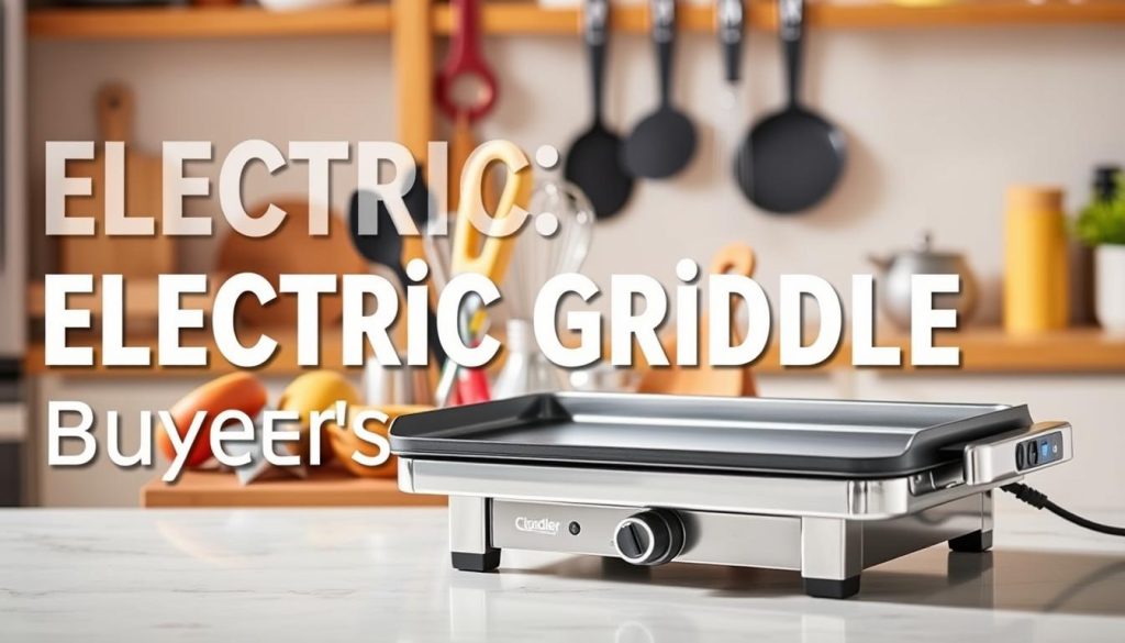 A vibrant, dynamic image of an electric griddle buyer's guide. In the foreground, a high-quality electric griddle stands prominently, its gleaming chrome surface catching the light. The middle ground features a variety of complementary kitchen tools and utensils, such as spatulas, whisks, and measuring cups, arranged in an aesthetically pleasing composition. The background depicts a warm, cozy kitchen setting, with soft lighting and calming colors that evoke a sense of comfort and culinary inspiration. The overall scene conveys the essential nature of an electric griddle for a breakfast lover, with a visually striking and inviting atmosphere.
