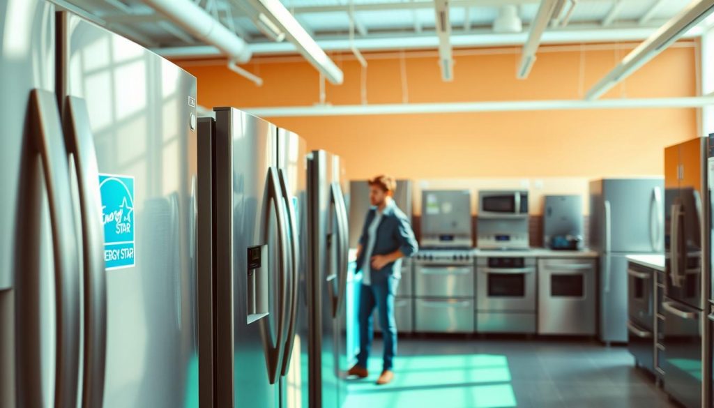 A vibrant, energy-efficient appliance showroom bathed in natural light. In the foreground, a lineup of sleek, state-of-the-art refrigerators emblazoned with the Energy Star certification logo. Their modern, minimalist designs exude an aura of efficiency and environmental consciousness. In the middle ground, a customer examines the appliances, their expression one of thoughtful consideration. The background is a panorama of gleaming kitchen appliances, all radiating a sense of technological sophistication and ecological responsibility. Warm, saturated hues of green, blue, and silver create an inviting, futuristic ambiance, reflecting the cutting-edge advancements in energy-saving home technology. A vibrant, energy-efficient appliance showroom bathed in natural light. In the foreground, a lineup of sleek, state-of-the-art refrigerators emblazoned with the Energy Star certification logo. Their modern, minimalist designs exude an aura of efficiency and environmental consciousness. In the middle ground, a customer examines the appliances, their expression one of thoughtful consideration. The background is a panorama of gleaming kitchen appliances, all radiating a sense of technological sophistication and ecological responsibility. Warm, saturated hues of green, blue, and silver create an inviting, futuristic ambiance, reflecting the cutting-edge advancements in energy-saving home technology.