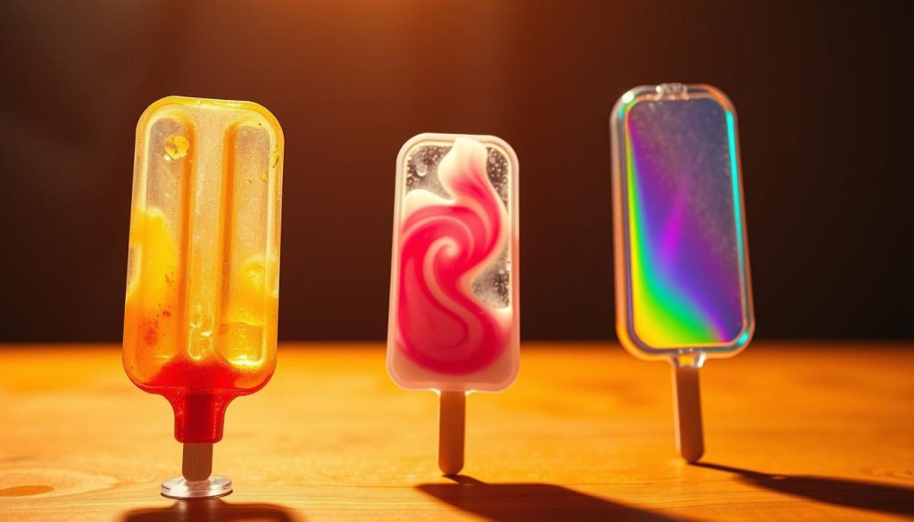 A vibrant, evolving sequence of popsicle designs through the ages. In the foreground, a vintage popsicle with a classic wooden stick and dripping, jewel-toned syrup. In the middle ground, a modern popsicle with a sleek, translucent plastic mold and swirling, neon-bright colors. In the background, a futuristic popsicle with a seamless, holographic casing and shimmering, prismatic hues. The scene is bathed in a warm, nostalgic glow, capturing the playful, ever-changing nature of this beloved frozen treat. Cinematic lighting and a wide-angle lens emphasize the dynamic progression of popsicle design over time.