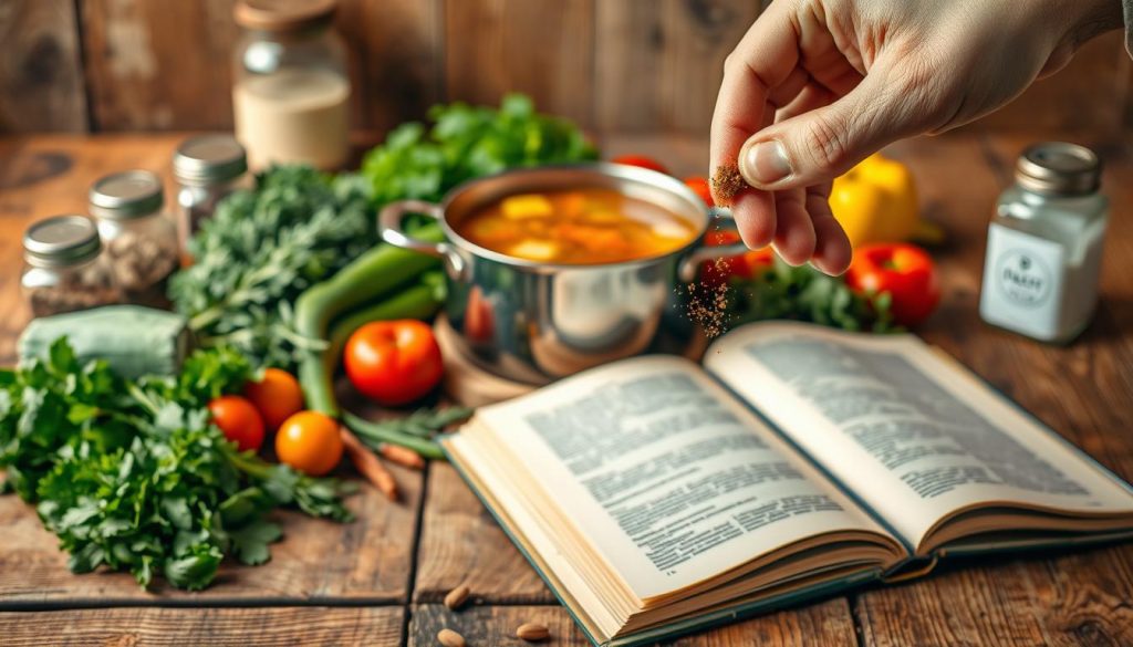 A vibrant, exploding display of colors showcases a troubleshooting vegetable soup base. On a rustic wooden table, a simmering pot takes center stage, surrounded by an array of fresh vegetables, herbs, and seasoning jars. Warm, directional lighting casts soft shadows, highlighting the textural details of the ingredients. In the foreground, a chef's hand expertly adds a pinch of spice, while in the background, a well-worn cookbook lays open, providing guidance for perfecting the perfect vegetable soup base. The overall scene conveys a sense of culinary exploration, problem-solving, and the joy of creating a flavorful, home-cooked meal from scratch. A vibrant, exploding display of colors showcases a troubleshooting vegetable soup base. On a rustic wooden table, a simmering pot takes center stage, surrounded by an array of fresh vegetables, herbs, and seasoning jars. Warm, directional lighting casts soft shadows, highlighting the textural details of the ingredients. In the foreground, a chef's hand expertly adds a pinch of spice, while in the background, a well-worn cookbook lays open, providing guidance for perfecting the perfect vegetable soup base. The overall scene conveys a sense of culinary exploration, problem-solving, and the joy of creating a flavorful, home-cooked meal from scratch.
