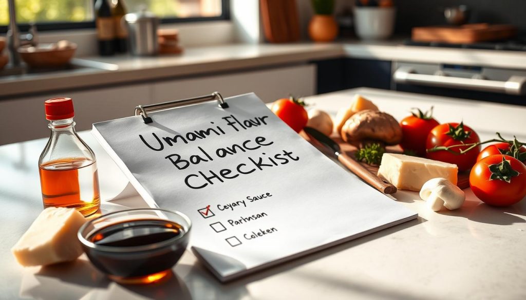 A vibrant, explosively colorful "Umami Flavor Balance Checklist" laid out on a sleek, modern kitchen countertop. The checklist is hand-written on a crisp, white notepad, with ingredients like soy sauce, Parmesan, mushrooms, and tomatoes arranged artfully around it. Warm, natural lighting casts a cozy glow, highlighting the rich, savory hues. The composition is balanced, with the checklist as the focal point, surrounded by complementary elements that suggest the umami-boosting tips covered in the article. An inviting, appetizing scene that visually encapsulates the "Common Umami Mistakes to Avoid" section.