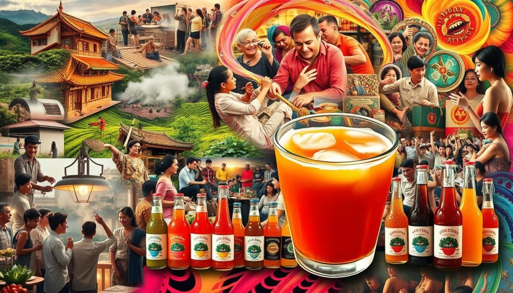 A vibrant global tableau of fermented tea's allure, showcasing its diverse cultural appeal. In the foreground, a steaming cup of kombucha, its effervescent amber hue and lively bubbles inviting the viewer to partake. Surrounding it, a collage of imagery - tea plantations in rolling hills, artisanal bottling operations, and people from all walks of life enjoying the beverage, their faces alight with enjoyment. The middle ground features a dynamic display of kombucha's myriad flavors, colors, and packaging, reflecting its widespread popularity. In the background, a kaleidoscope of swirling, energetic hues evokes the ancient traditions and modern innovations driving the fermented tea's global ascent. A vibrant global tableau of fermented tea's allure, showcasing its diverse cultural appeal. In the foreground, a steaming cup of kombucha, its effervescent amber hue and lively bubbles inviting the viewer to partake. Surrounding it, a collage of imagery - tea plantations in rolling hills, artisanal bottling operations, and people from all walks of life enjoying the beverage, their faces alight with enjoyment. The middle ground features a dynamic display of kombucha's myriad flavors, colors, and packaging, reflecting its widespread popularity. In the background, a kaleidoscope of swirling, energetic hues evokes the ancient traditions and modern innovations driving the fermented tea's global ascent.