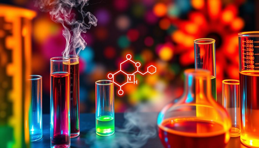 A vibrant, laboratory-style illustration showcasing the science behind umami flavors in soup bases. In the foreground, various test tubes and beakers filled with savory, richly-colored liquids. Glowing, neon-like steam rises from the vessels, illuminating the scene. In the middle ground, a molecular diagram depicting the chemical structure of glutamate, the key compound responsible for umami taste. The background is a blurred, colorful explosion of hues, suggesting the complex interplay of flavors. Dramatic, moody lighting casts dramatic shadows, emphasizing the scientific and technical nature of the subject matter. Shot from a high angle with a shallow depth of field, creating an immersive, almost microscopic perspective.