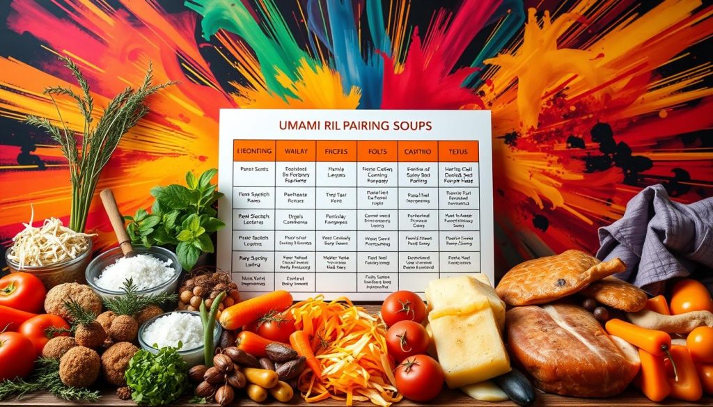 A vibrant, richly-hued pairing chart, showcasing an array of umami-rich ingredients for enhancing soups. In the foreground, an artistic layout of fragrant herbs, salty condiments, and savory proteins, arranged in a visually striking display. The middle ground features a detailed grid, highlighting complementary flavor combinations, with clean typography and elegant iconography. The background pulses with an explosion of complementary colors, creating a dynamic, appetizing atmosphere. Captured with a wide-angle lens, the overall composition strikes a balance between informative utility and aesthetic allure, inspiring culinary creativity.