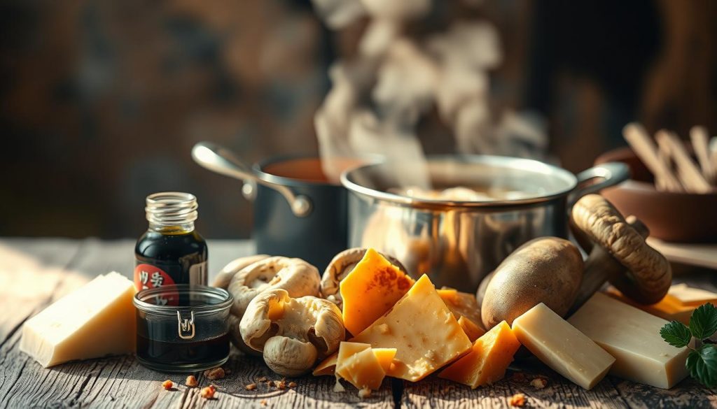 A vibrant scene of umami balancing techniques. In the foreground, a collection of savory ingredients - soy sauce, miso paste, mushrooms, and aged parmesan - arranged on a rustic wooden table. Gentle shafts of warm lighting illuminate the textures and colors, creating an inviting atmosphere. In the middle ground, a simmering pot of broth, its surface glistening with the interplay of sweet, sour, and umami flavors. The background is a dreamy blur of earthy tones, hinting at the deeper complexity of the culinary art of umami balance. The overall image conveys a sense of culinary mastery, where disparate elements harmonize to create a profoundly satisfying flavor experience.